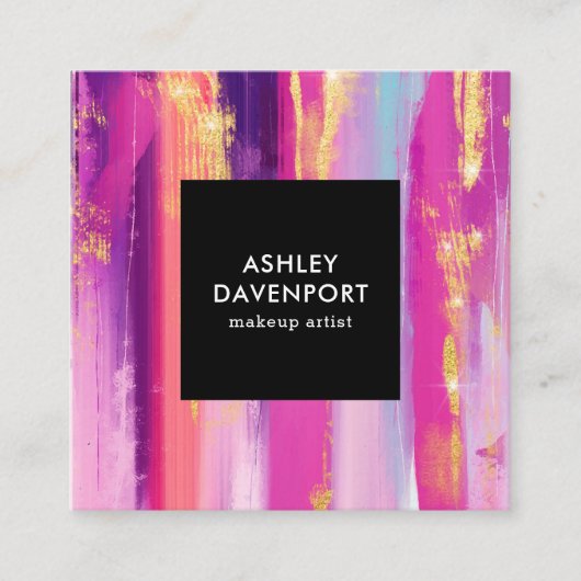 ピンクエレガントと金ゴールドのグリッターのブラシストロークの構成 スクエア名刺 (正面)