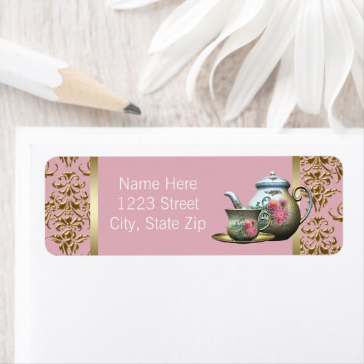 ピンクエレガントと金ゴールドのティーポット住所 シール (インサイチュ)