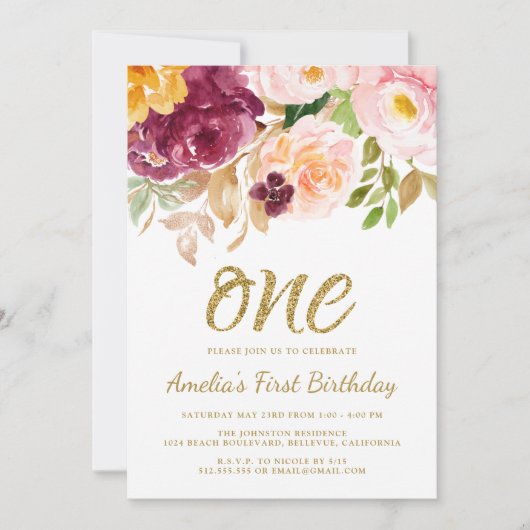 ピンクエレガントと金ゴールドのフローラの最初の誕生日パーティー 招待状 (正面)