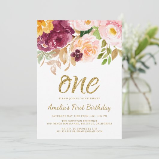 ピンクエレガントと金ゴールドのフローラの最初の誕生日パーティー 招待状 (スタンド正面)