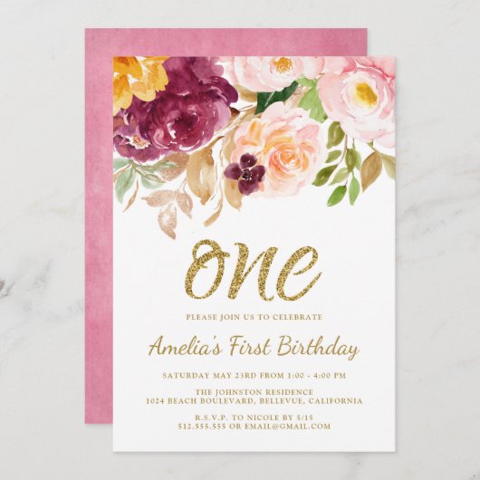 ピンクエレガントと金ゴールドのフローラの最初の誕生日パーティー 招待状 (正面/裏面)