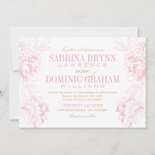 ピンクエレガントと金ゴールドのフローラの結婚牡丹 招待状 (正面)