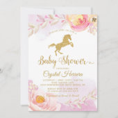 ピンクエレガントと金ゴールドのフローラユニコーン赤ちゃんシャワー 招待状 (正面)