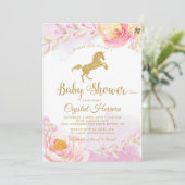 ピンクエレガントと金ゴールドのフローラユニコーン赤ちゃんシャワー 招待状 (スタンド正面)