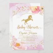 ピンクエレガントと金ゴールドのフローラユニコーン赤ちゃんシャワー 招待状 (正面/裏面)