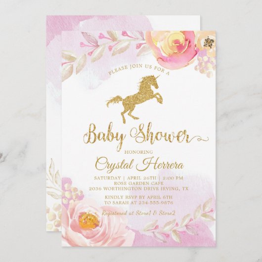 ピンクエレガントと金ゴールドのフローラユニコーン赤ちゃんシャワー 招待状 (正面/裏面)