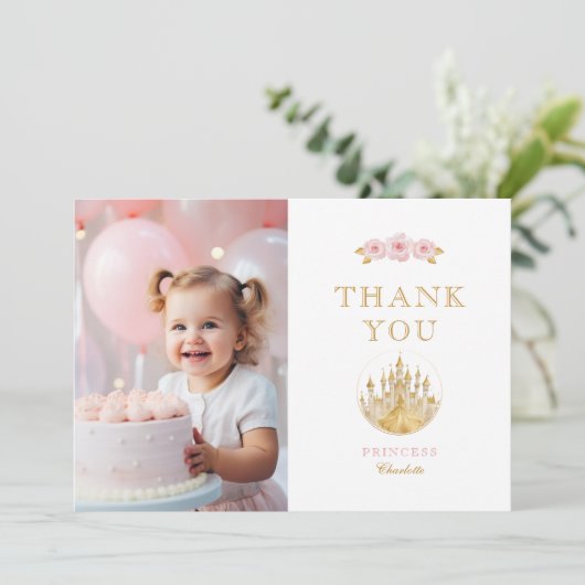 ピンクエレガントと金ゴールドのプリンセス写真ありがとう サンキューカード (スタンド正面)