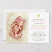 ピンクエレガントと金ゴールドのベビーガール写真バプテスマ 招待状 (正面)