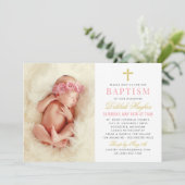 ピンクエレガントと金ゴールドのベビーガール写真バプテスマ 招待状 (スタンド正面)
