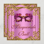 ピンクエレガントと金ゴールドの仮装パーティー 招待状 (正面/裏面)