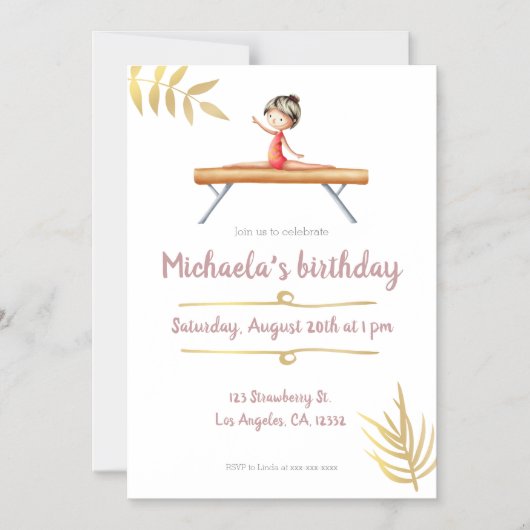 ピンクエレガントと金ゴールドの体操のテーマ マグネット招待状 (正面)