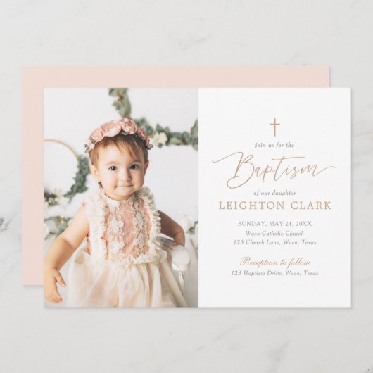 ピンクエレガントと金ゴールドの女の子のバプテスマ 招待状 (正面/裏面)