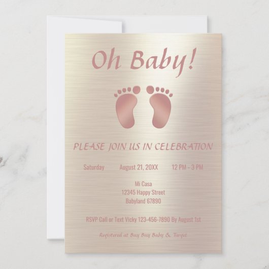 ピンクエレガントと金ゴールドの女の子のベビーシャワー 招待状 (正面)