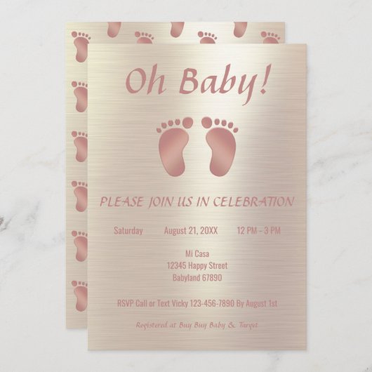 ピンクエレガントと金ゴールドの女の子のベビーシャワー 招待状 (正面/裏面)