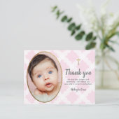 ピンクエレガントと金ゴールドの女の子の写真のバプテスマ ポストカード (スタンド正面)