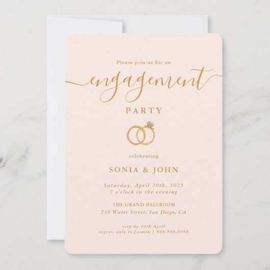 ピンクエレガントと金ゴールドの婚約パーティ 招待状 (正面)