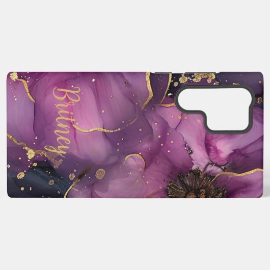 ピンクエレガントと金ゴールドの水色の花デザイン SAMSUNG GALAXYケース (裏面横)