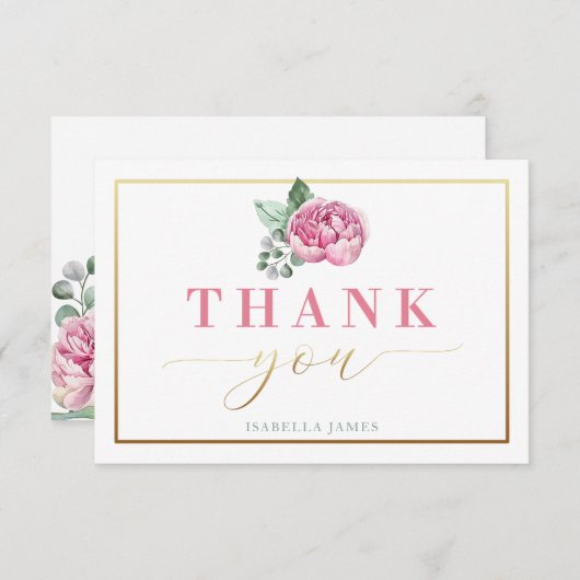 ピンクエレガントと金ゴールドの水色フローラベビーショーウェ サンキューカード (正面/裏面)