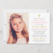 ピンクエレガントと金ゴールドの第一聖餐式ガール写真 招待状 (正面)