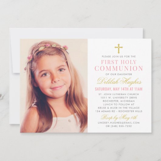 ピンクエレガントと金ゴールドの第一聖餐式ガール写真 招待状 (正面)