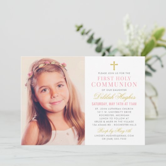 ピンクエレガントと金ゴールドの第一聖餐式ガール写真 招待状 (スタンド正面)