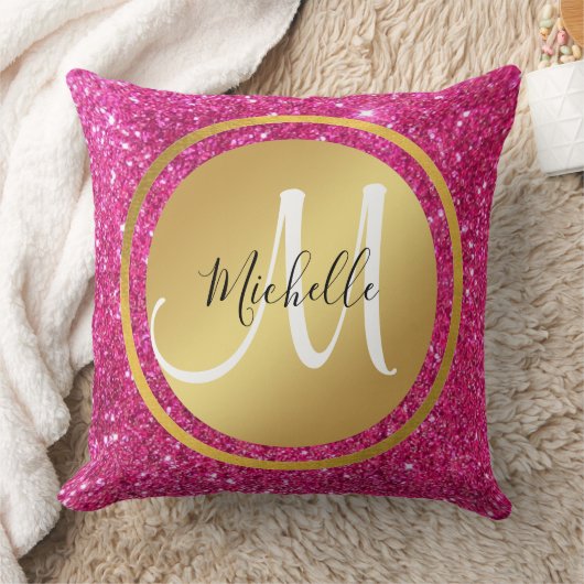 ピンクエレガントと金ゴールドの結婚モノグラムイニシャル クッション (ブランケット)