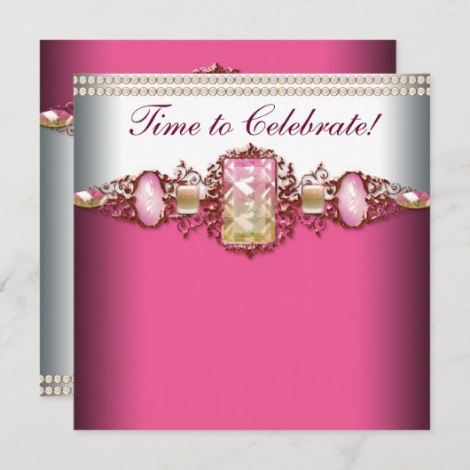 ピンクエレガントと金ゴールドの誕生日パーティー 招待状 (正面/裏面)