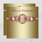 ピンクエレガントと金ゴールドの誕生日パーティー 招待状 (正面/裏面)