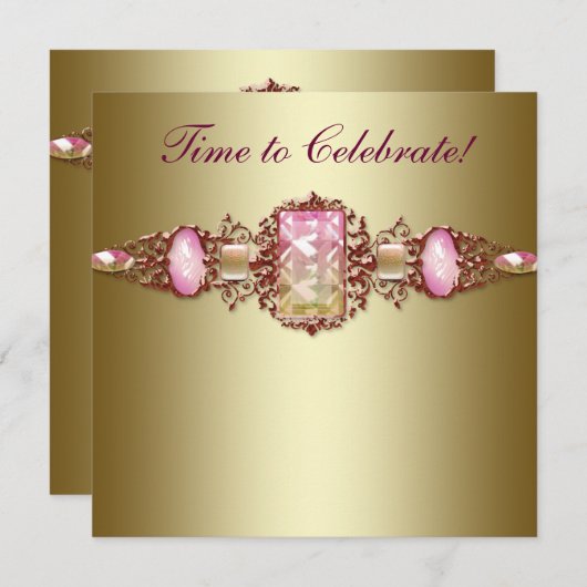 ピンクエレガントと金ゴールドの誕生日パーティー 招待状 (正面/裏面)