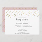 ピンクエレガントと金ゴールドの雨滴のベビーシャワー 招待状 (正面/裏面)