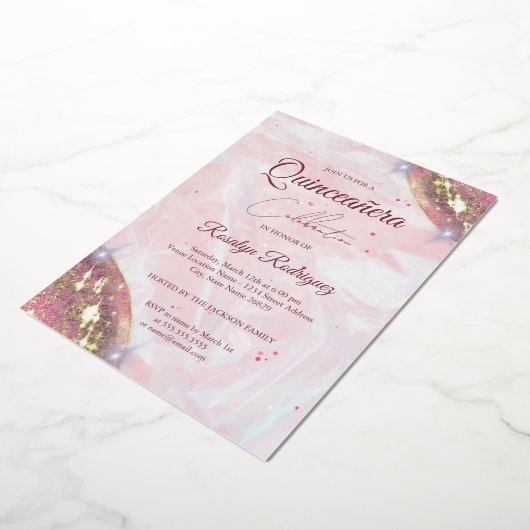 ピンクエレガントと金ゴールドキンセアニラ誕生日 箔招待状 (回転した状態)