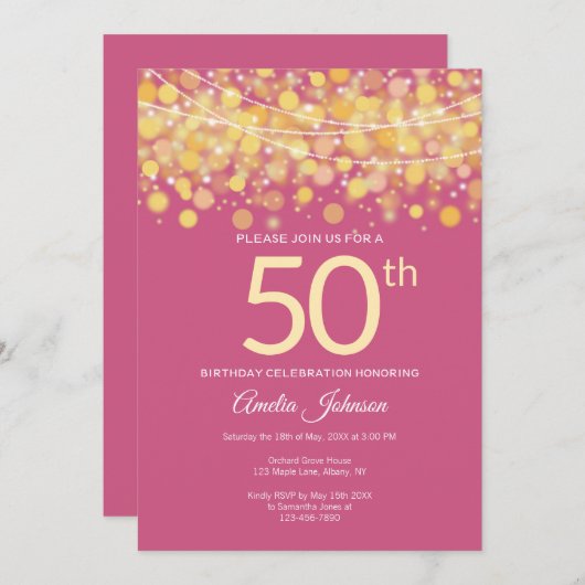 ピンクエレガントと金ゴールドストリングライト50歳の誕生日 招待状 (正面/裏面)