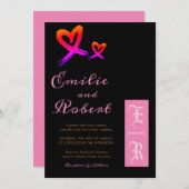 ピンクエレガントと金ゴールドハートモノグラム結婚ズ 招待状 (正面/裏面)