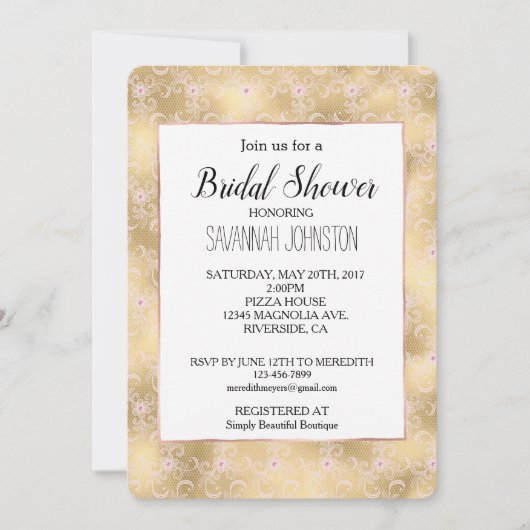 ピンクエレガントと金ゴールドフローラレースブライダルシャワー 招待状 (正面)