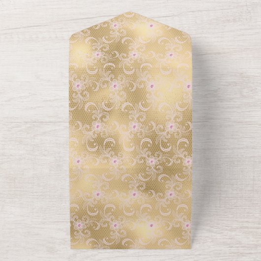 ピンクエレガントと金ゴールドフローラレース結婚ズ オールインワン招待状 (外側)