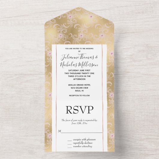 ピンクエレガントと金ゴールドフローラレース結婚ズ オールインワン招待状 (内側)