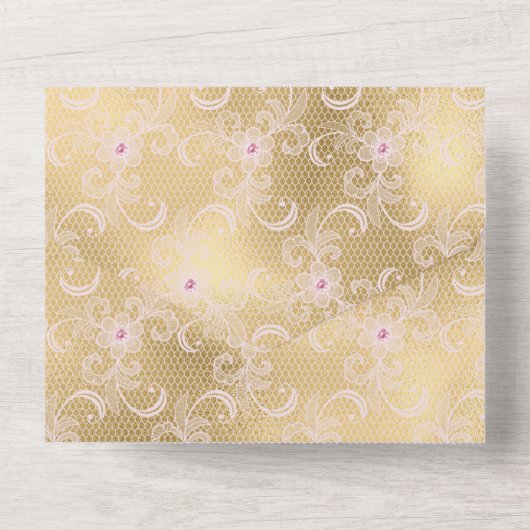 ピンクエレガントと金ゴールドフローラレース結婚ズ オールインワン招待状 (裏面)