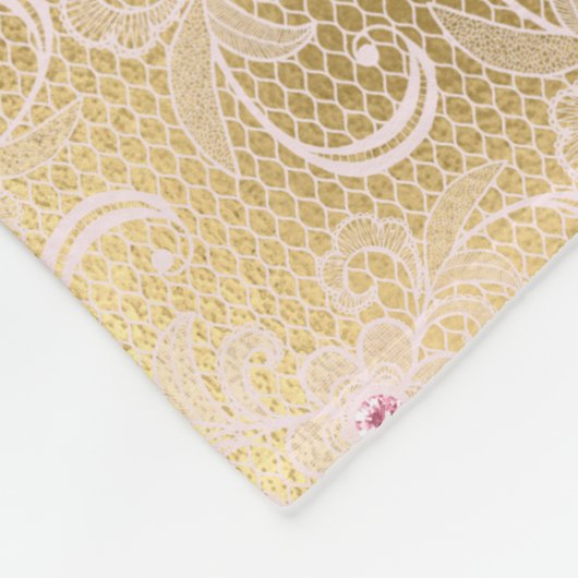 ピンクエレガントと金ゴールドフローラレース フリースブランケット (角)