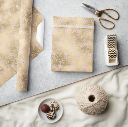 ピンクエレガントと金ゴールドフローラレース ラッピングペーパー (クラフト)