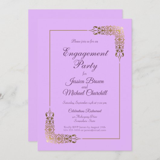 ピンクエレガントと金ゴールドレ華美ース婚約パーティ 招待状 (正面/裏面)