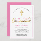 ピンクエレガントと金ゴールド第一の聖餐式 招待状 (正面/裏面)