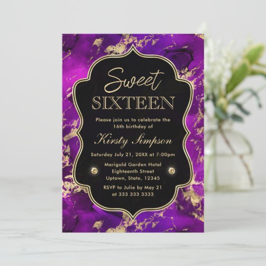 ピンクエレガントと金ゴールド銀河系大理石Sweet sixteen 招待状 (スタンド正面)