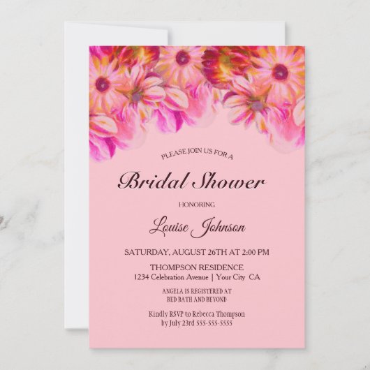 ピンクエレガントと黄色のフローラブライダルシャワー 招待状 (正面)