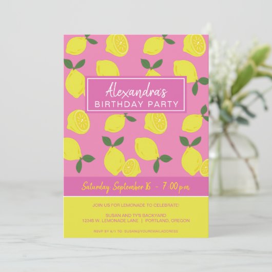 ピンクエレガントと黄色のレモンパーティー 招待状 (スタンド正面)