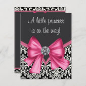 ピンクエレガントと黒のダマスクの赤ちゃんシャワー 招待状 (正面/裏面)