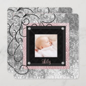 ピンクエレガントと黒のベビーガールフォト誕生 案内状 (正面/裏面)