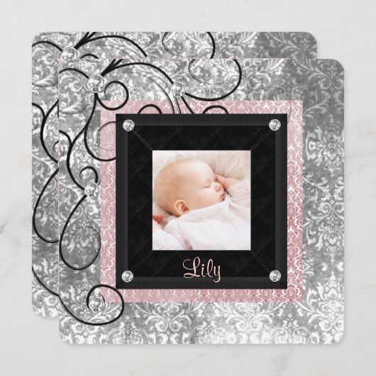 ピンクエレガントと黒のベビーガールフォト誕生 案内状 (正面/裏面)
