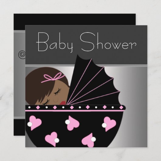 ピンクエレガントと黒の赤ちゃんシャワー 招待状 (正面/裏面)