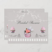 ピンクエレガントなカップケーキ及び灰色のブライダルシャワー 招待状 (正面/裏面)