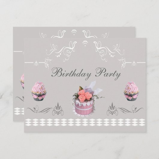 ピンクエレガントなカップケーキ及び灰色の誕生会 招待状 (正面/裏面)